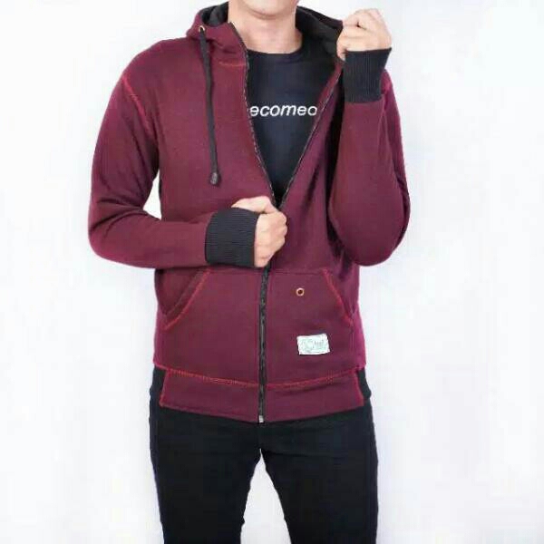 Jaket Zipper Full Maroon Rib Black 2