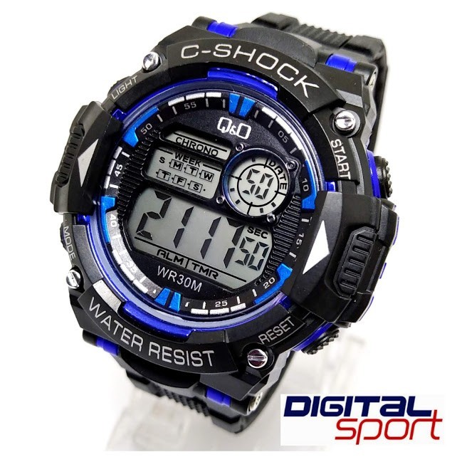 -JAM TANGAN DIGITAL PRIA-Dm 5 Cm-TALI RUBBER-WARNA HITAM list BIRU