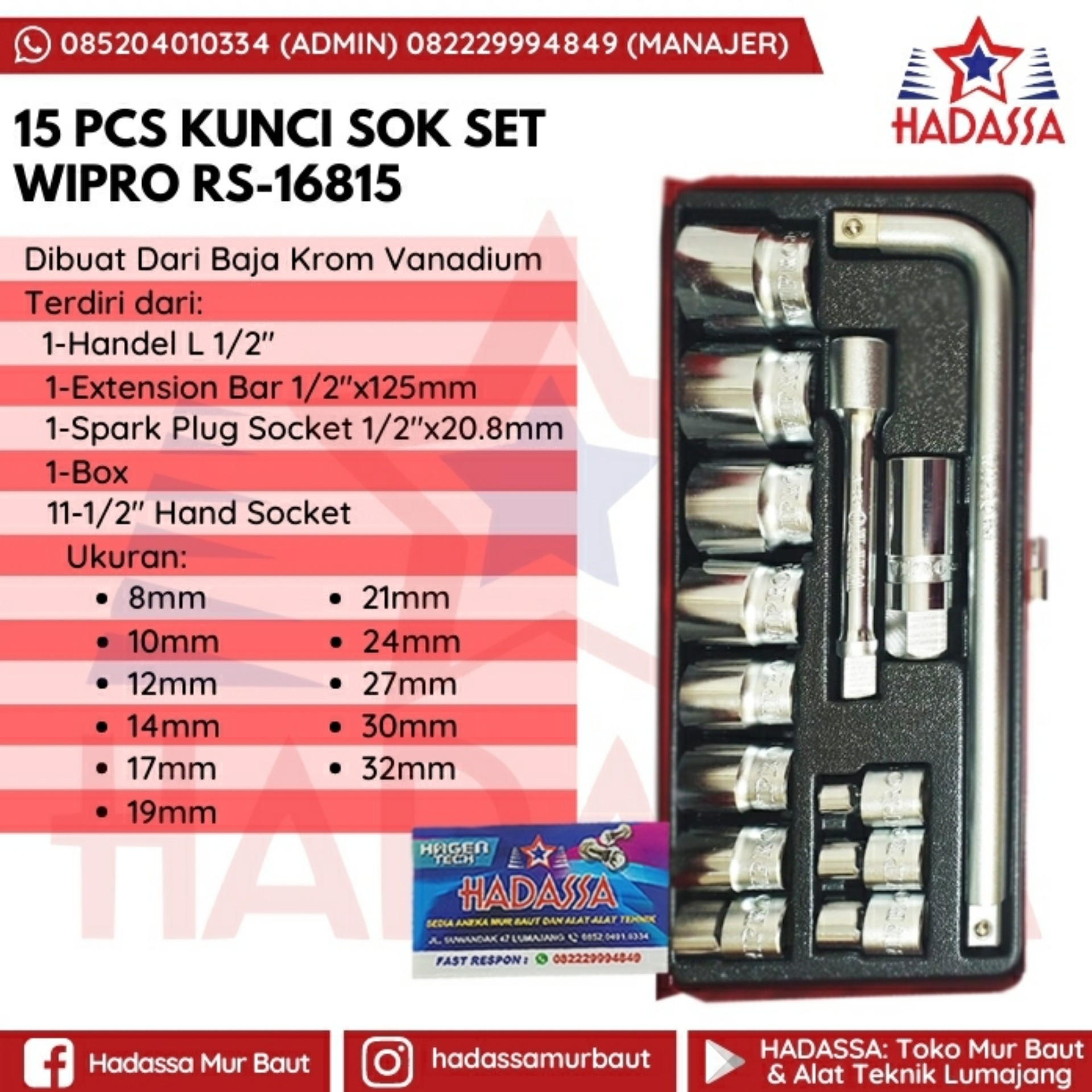 15 Pcs Kunci Sok Set Wipro RS-16815