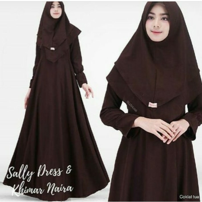 BUSANA MUSLIM SALLY DRESS  KHIMAR NAIRA - WARNA COKLAT TUA