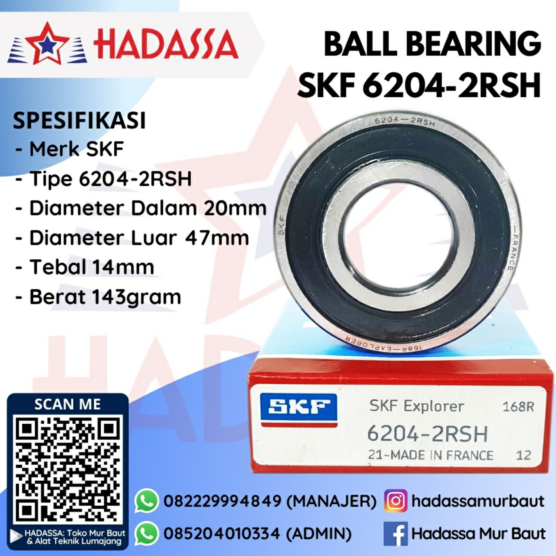 Ball Bearing SKF 6204-2RSH