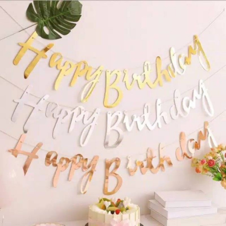 Banner Happy Birthday Party Tulisan Sambung Silver Rose Gold