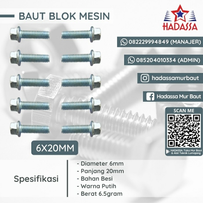 Baut Blok Mesin 6x20mm