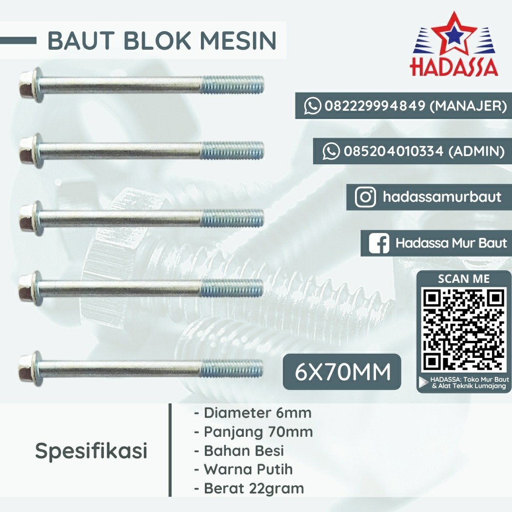 Baut Blok Mesin 6x70mm