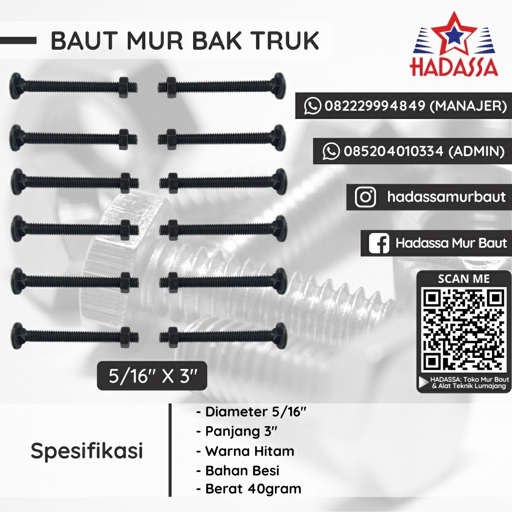 Baut Mur Bak Truk 5per16 Inci x 3 Inci