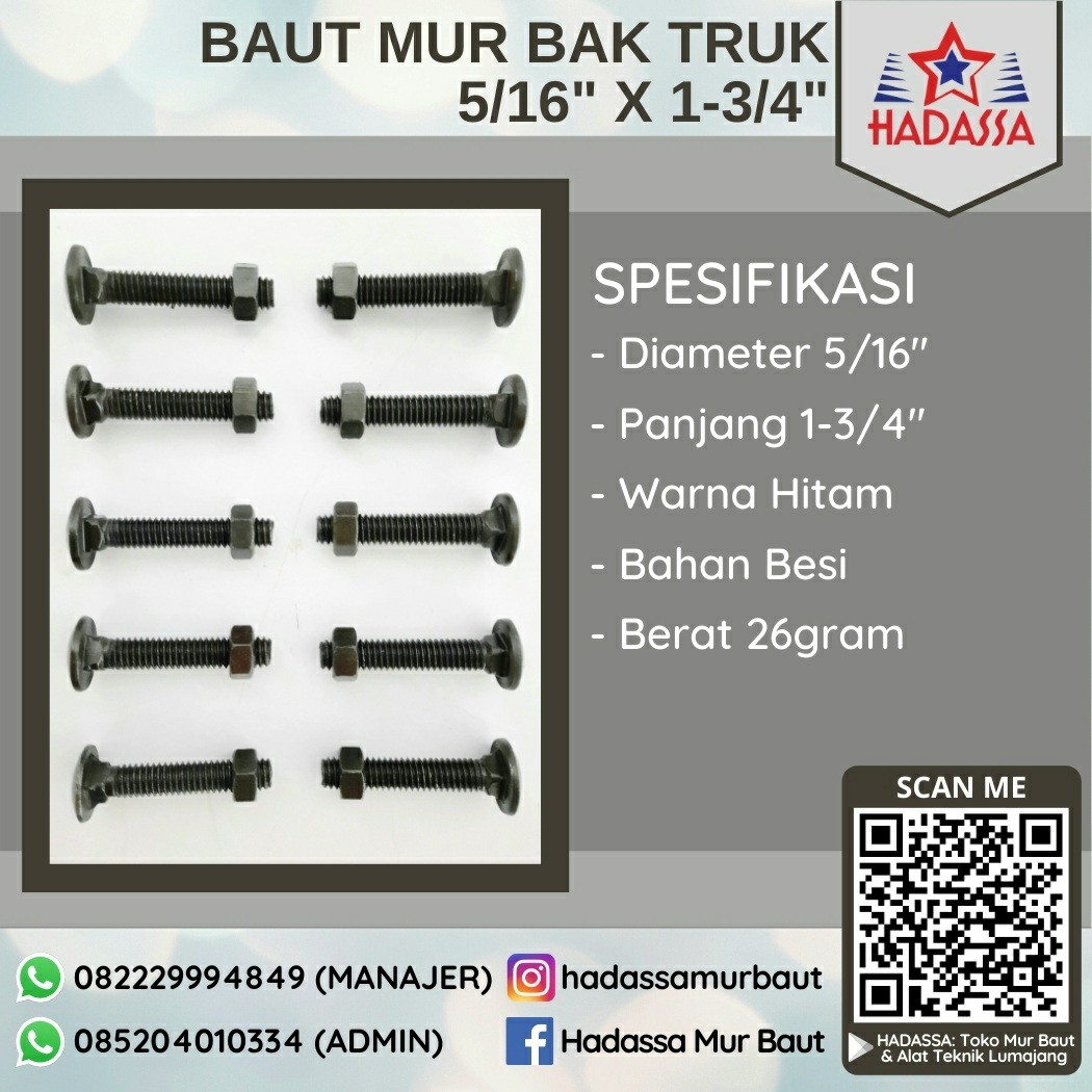 Baut Mur Bak Truk 5per16 x 1-3per4