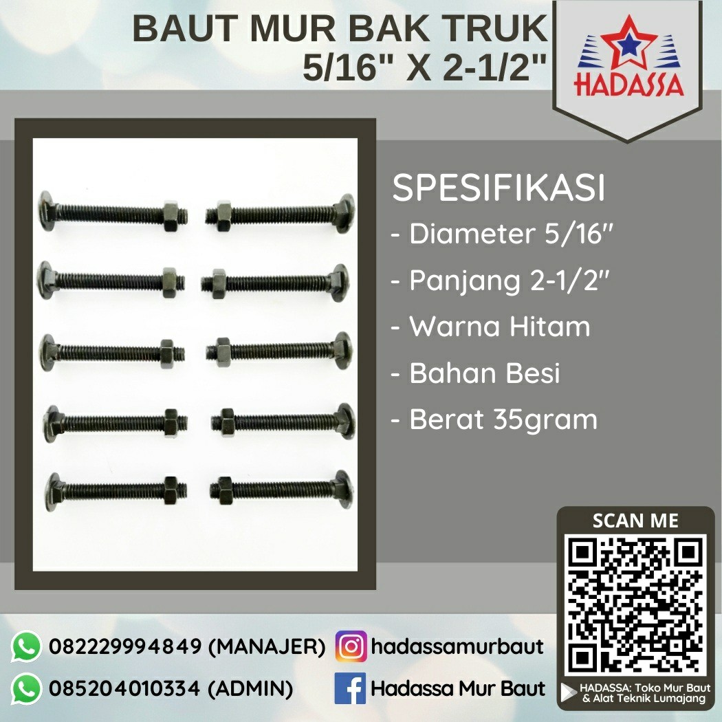 Baut Mur Bak Truk 5per16 x 2-1per2 Inci