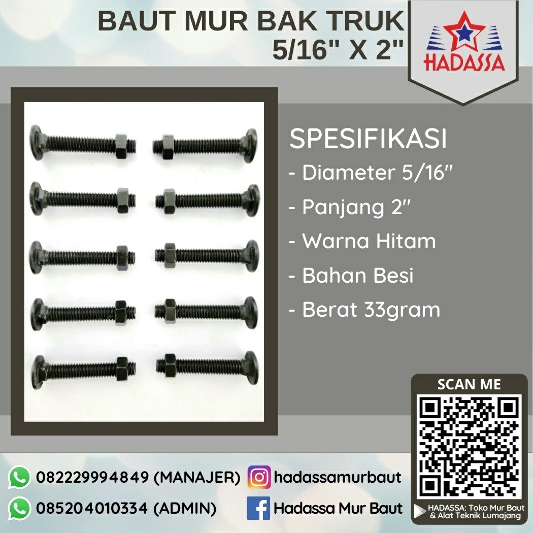 Baut Mur Bak Truk 5per16 x 2 Inci