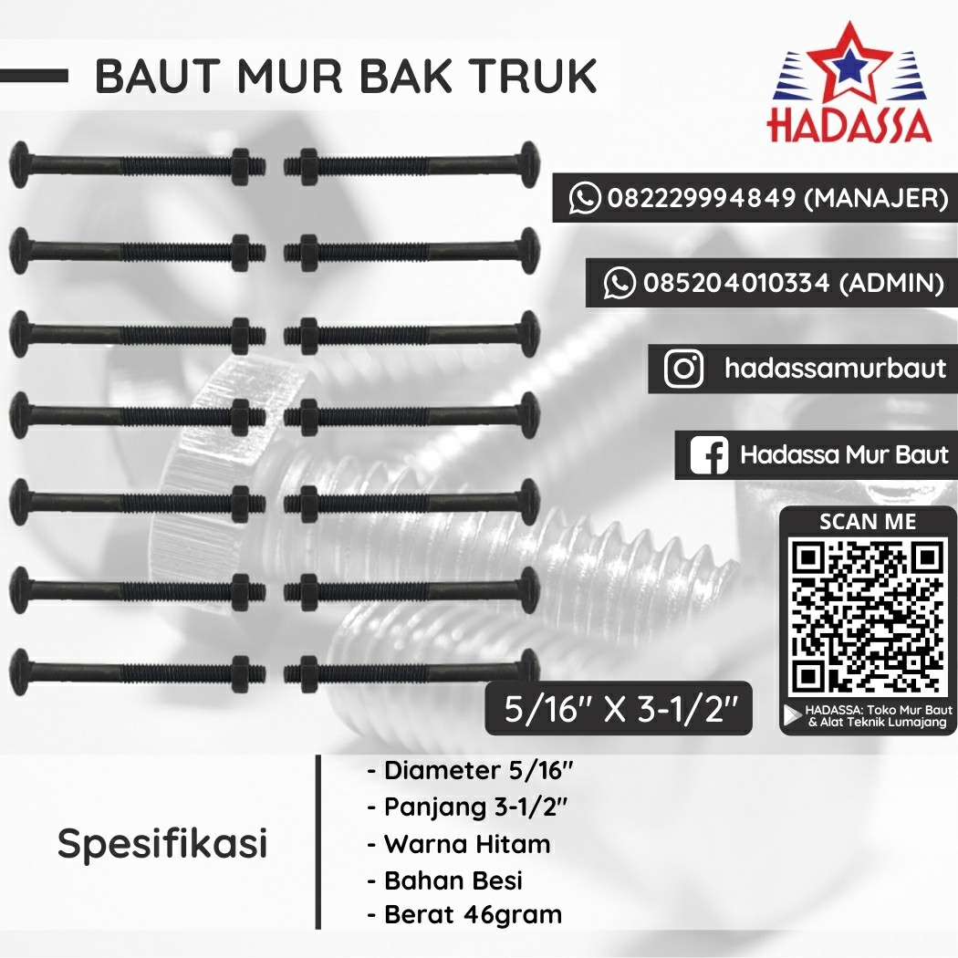 Baut Mur Bak Truk 5per16 x 3-1per2 Inci