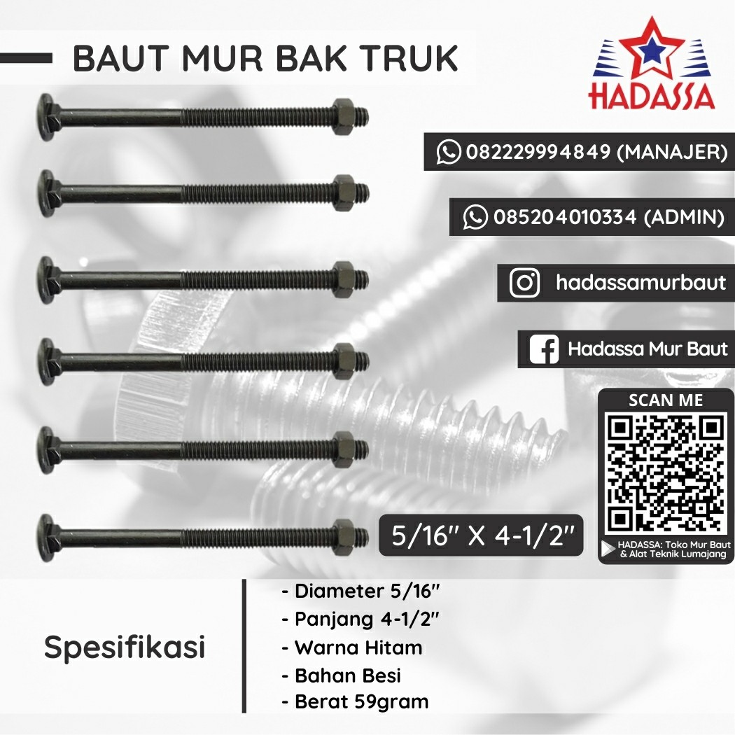 Baut Mur Bak Truk 5per16 x 4-1per2 Inci