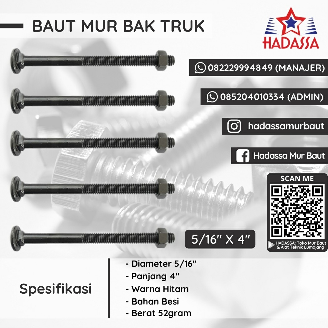 Baut Mur Bak Truk 5per16 x 4 Inci