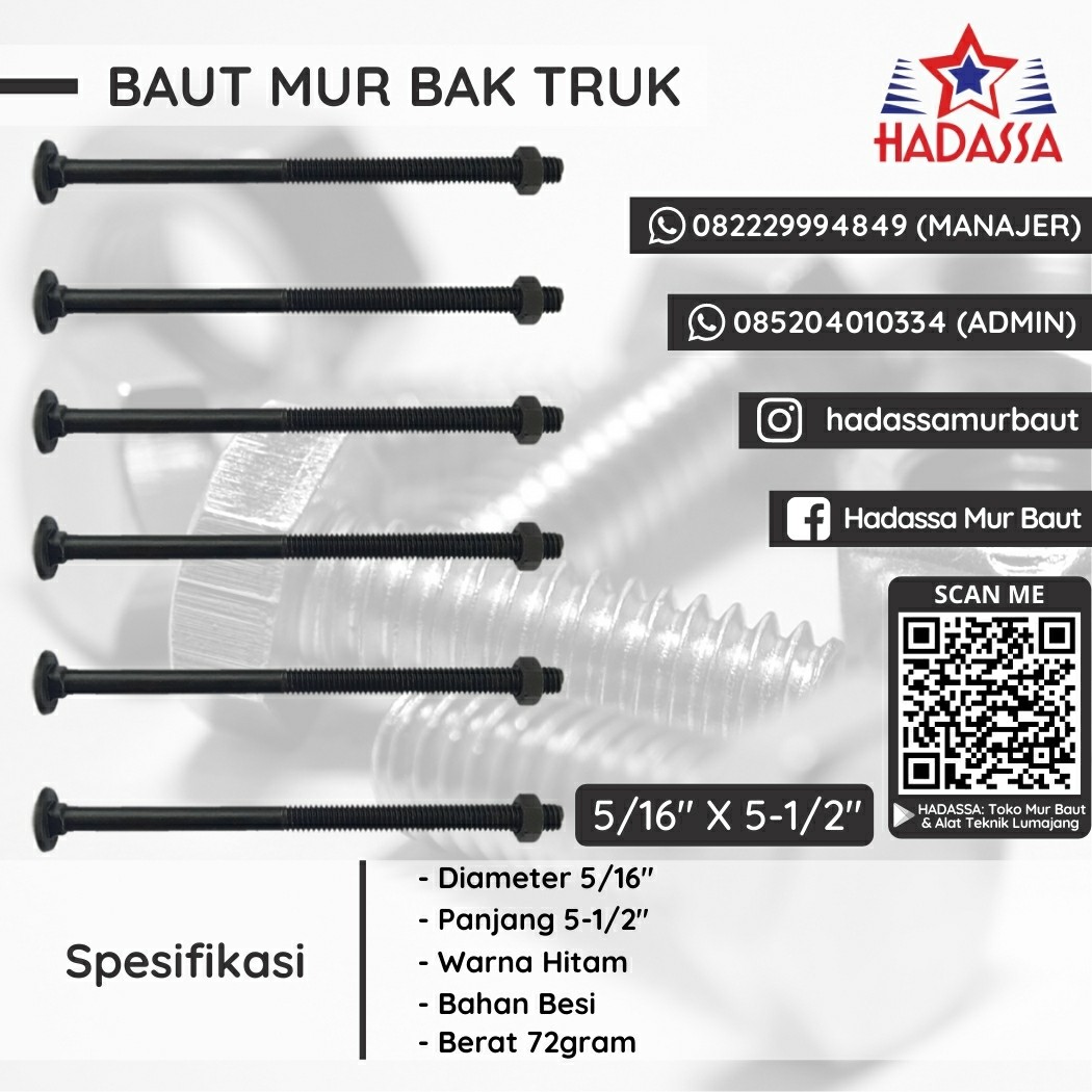 Baut Mur Bak Truk 5per16 x 5-1per2 Inci