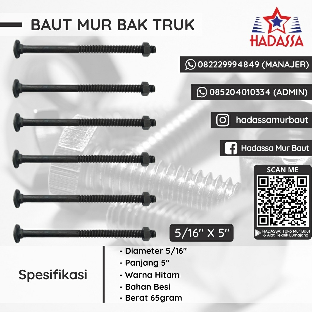 Baut Mur Bak Truk 5per16 x 5 Inci