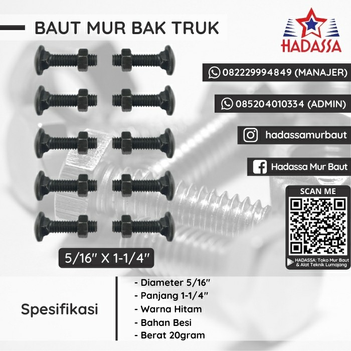 Baut Mur Bak Truk 5per16x1-1per4 Inci