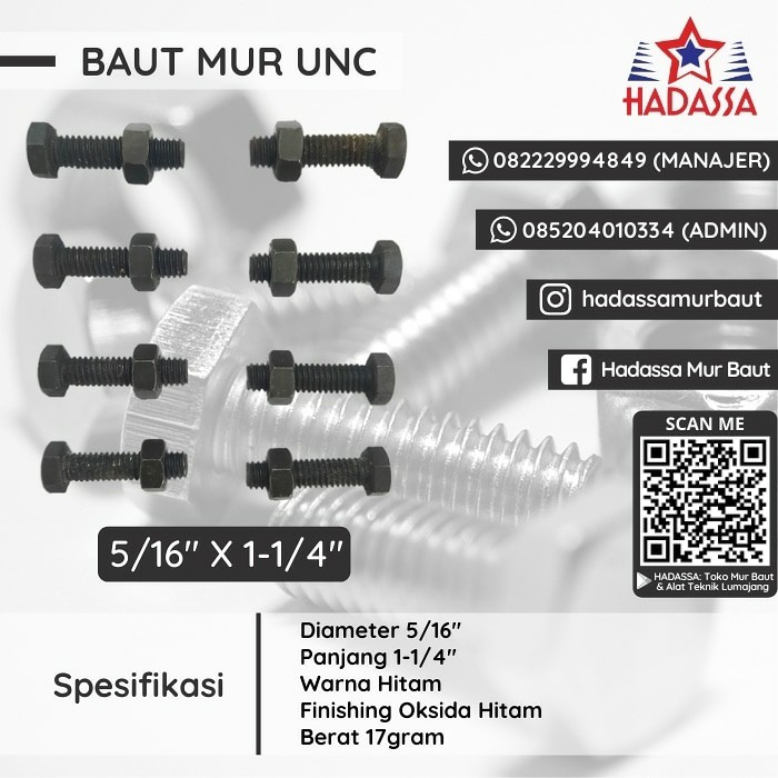 Baut Mur UNC 5per16 x 1-1per4 Inci