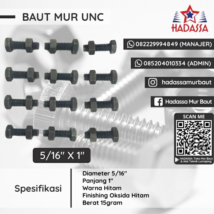 Baut Mur UNC 5per16 x 1 Inci