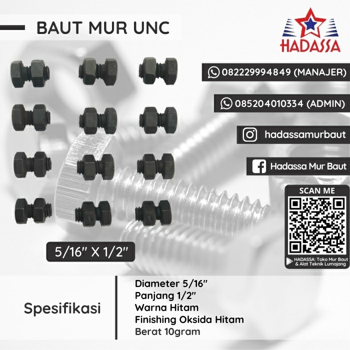 Baut Mur UNC 5per16 x 1per2 Inci