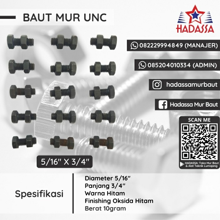 Baut Mur UNC 5per16 x 3per4 Inci