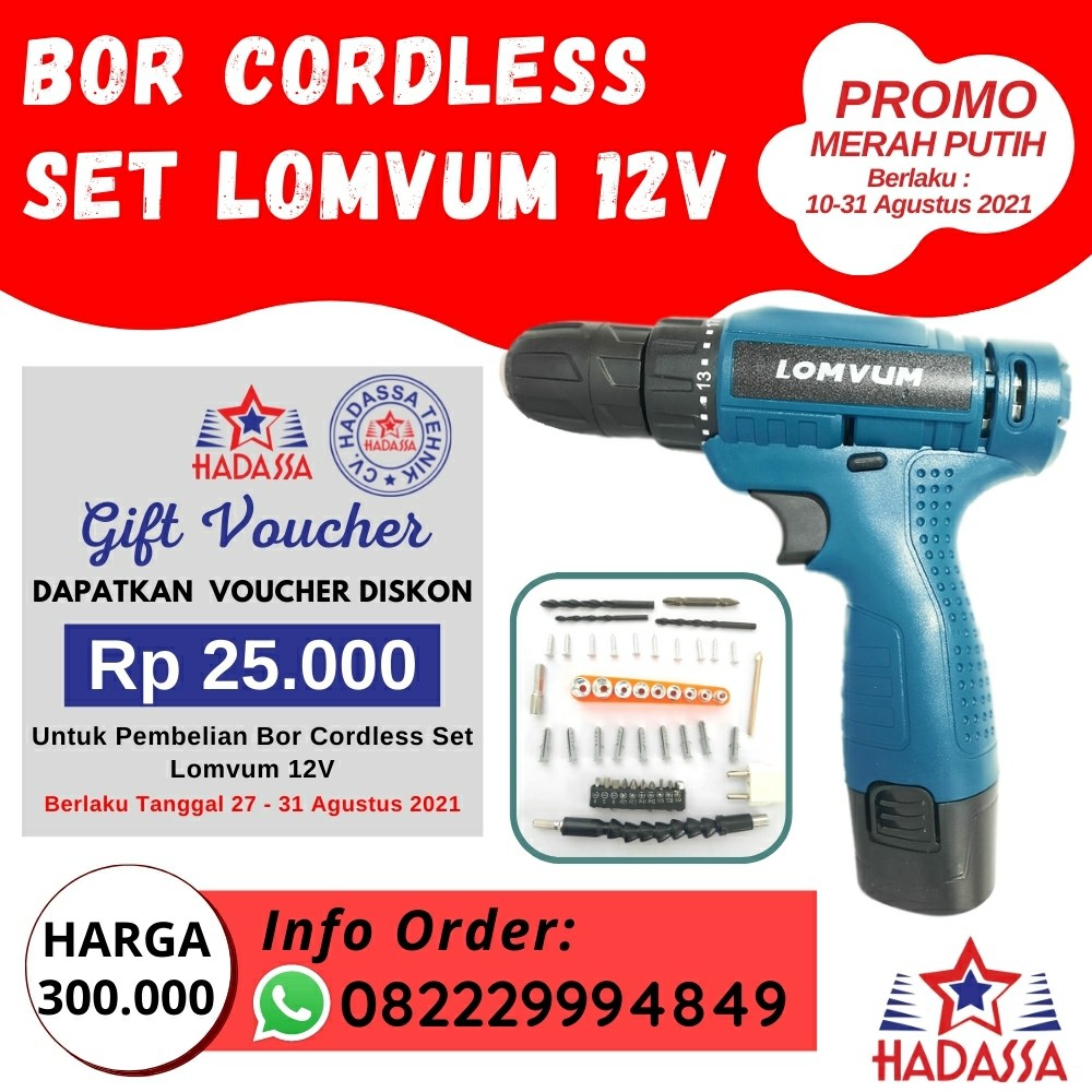 Promo Merah Putih Bor Cordless Set Lomvum 12V