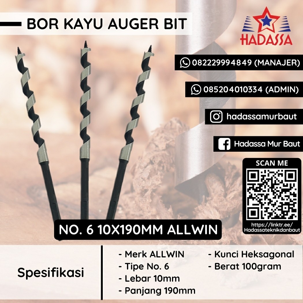 Bor Kayu Auger Bit No 6 10x190mm ALLWIN