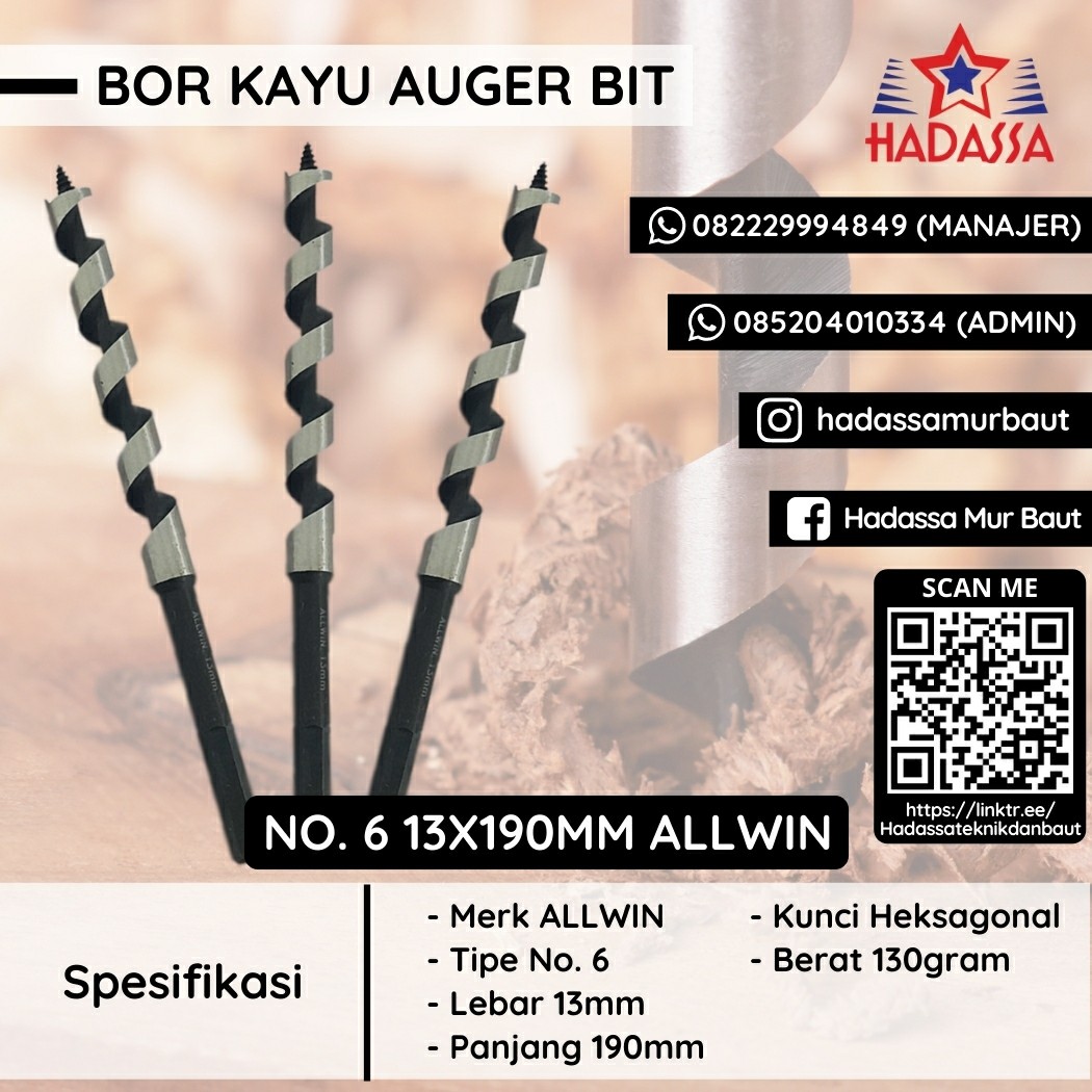 Bor Kayu Auger Bit No 6 13x190mm ALLWIN