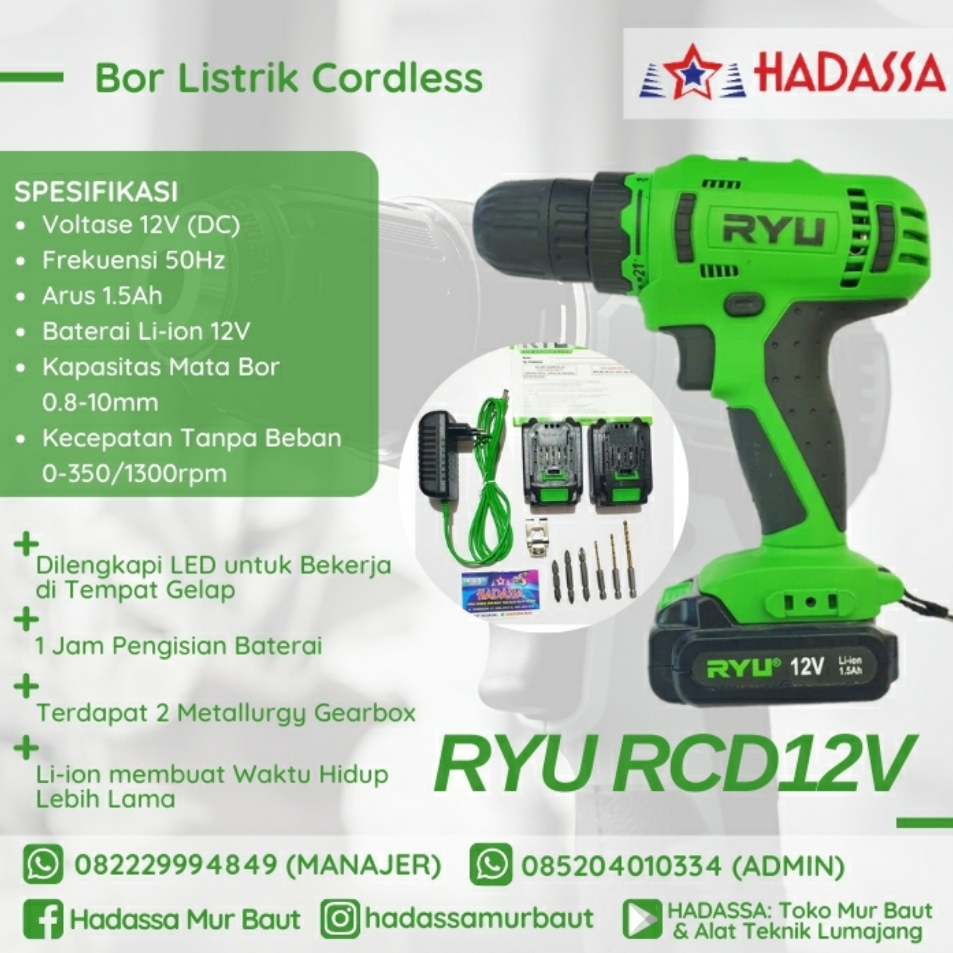 Bor Listrik Cordless Ryu RCD12V