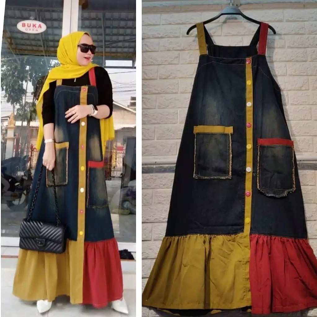 Caren Overall l Overal Jeans Kombinasi Wanita Muslim