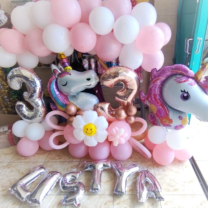 Garland Dan Standing Angka Karakter Thema Unicorn Putih Pink Pastel