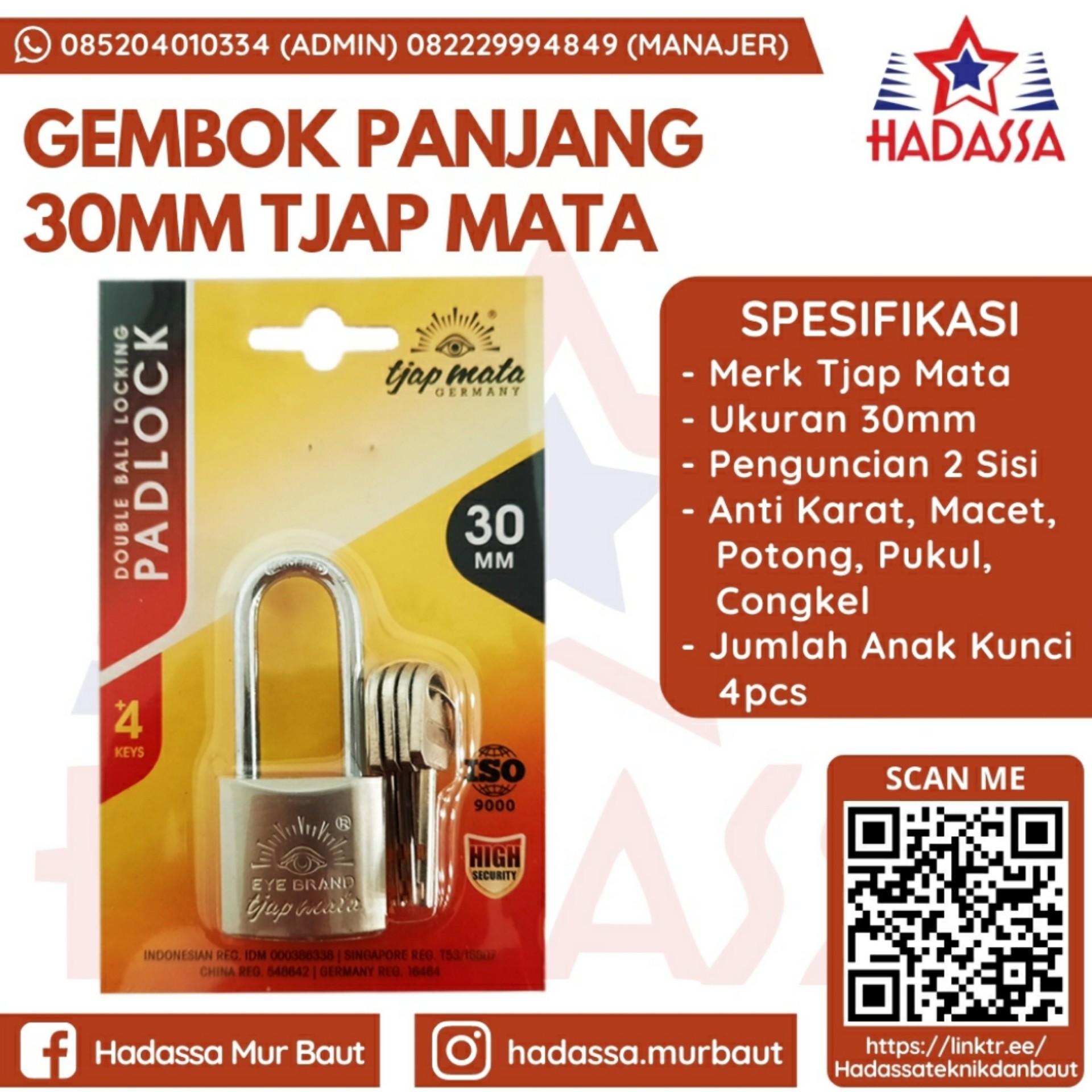 Gembok Panjang 30mm Tjap Mata