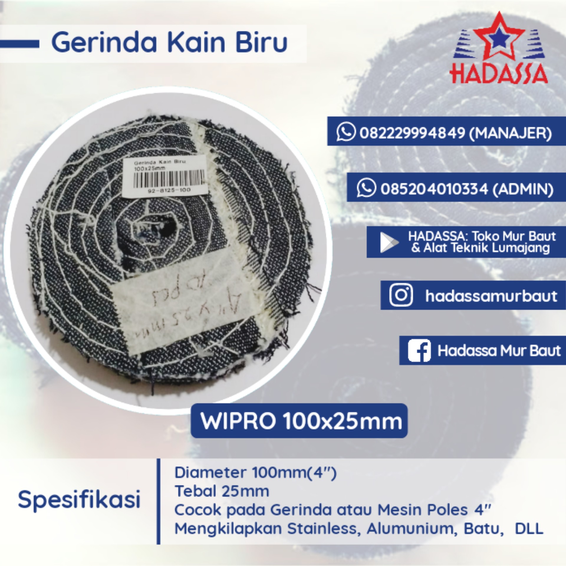 Gerinda Kain Biru Wipro 100x25mm