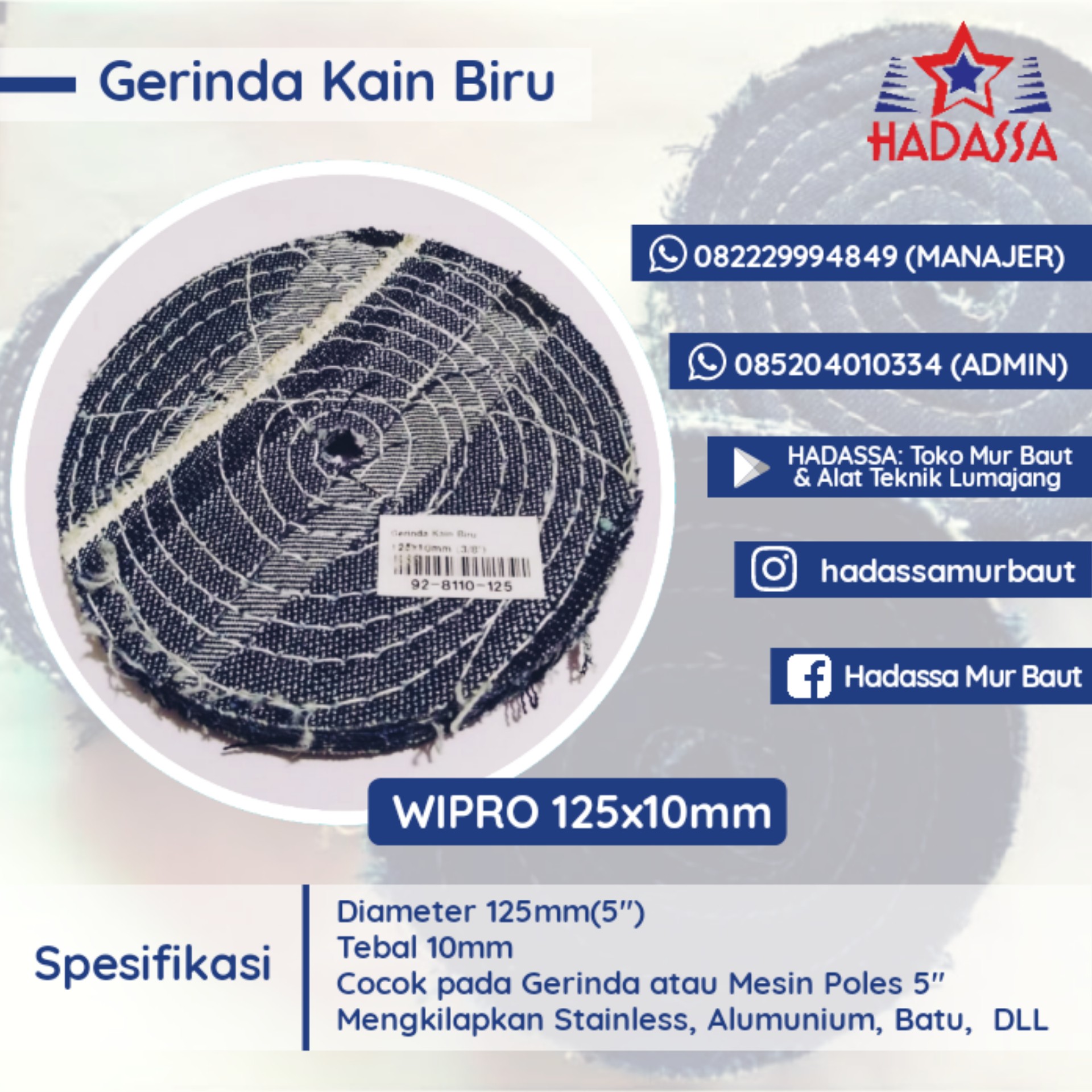 Gerinda Kain Biru Wipro 125x10mm