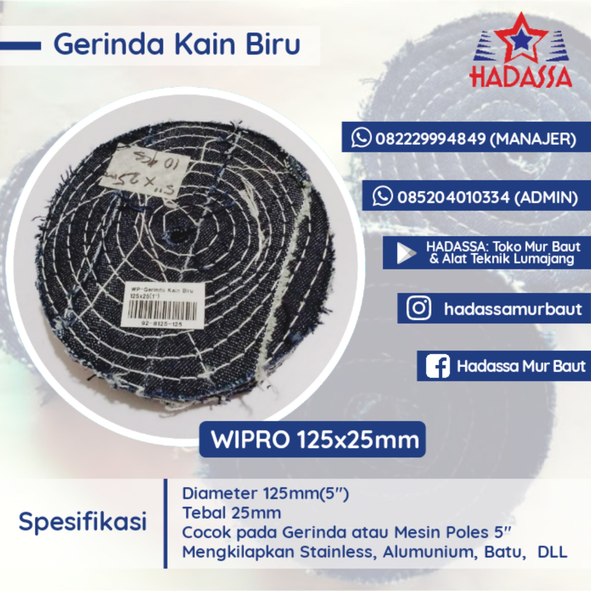 Gerinda Kain Biru Wipro 125x25mm