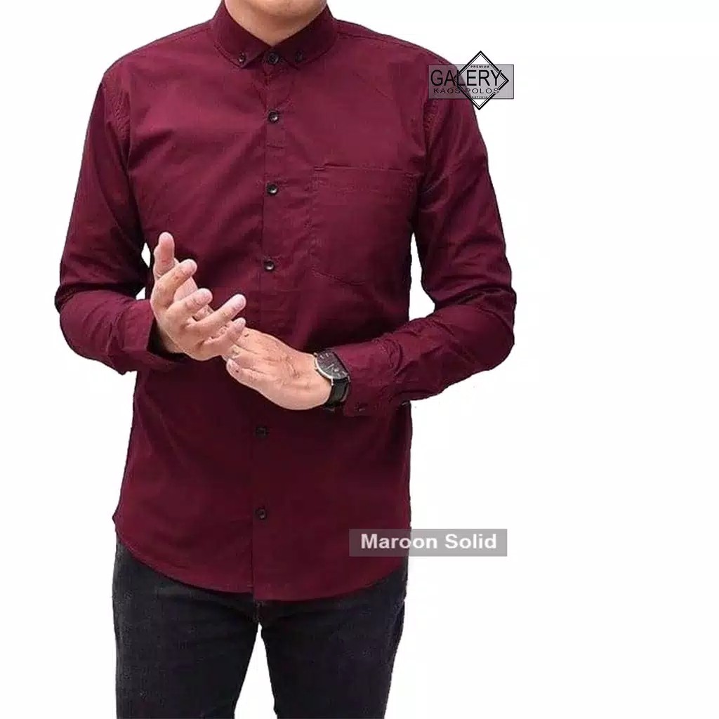 Kemeja Pria Casual Polos Lengan Panjang Oxford Maroon Solid 2