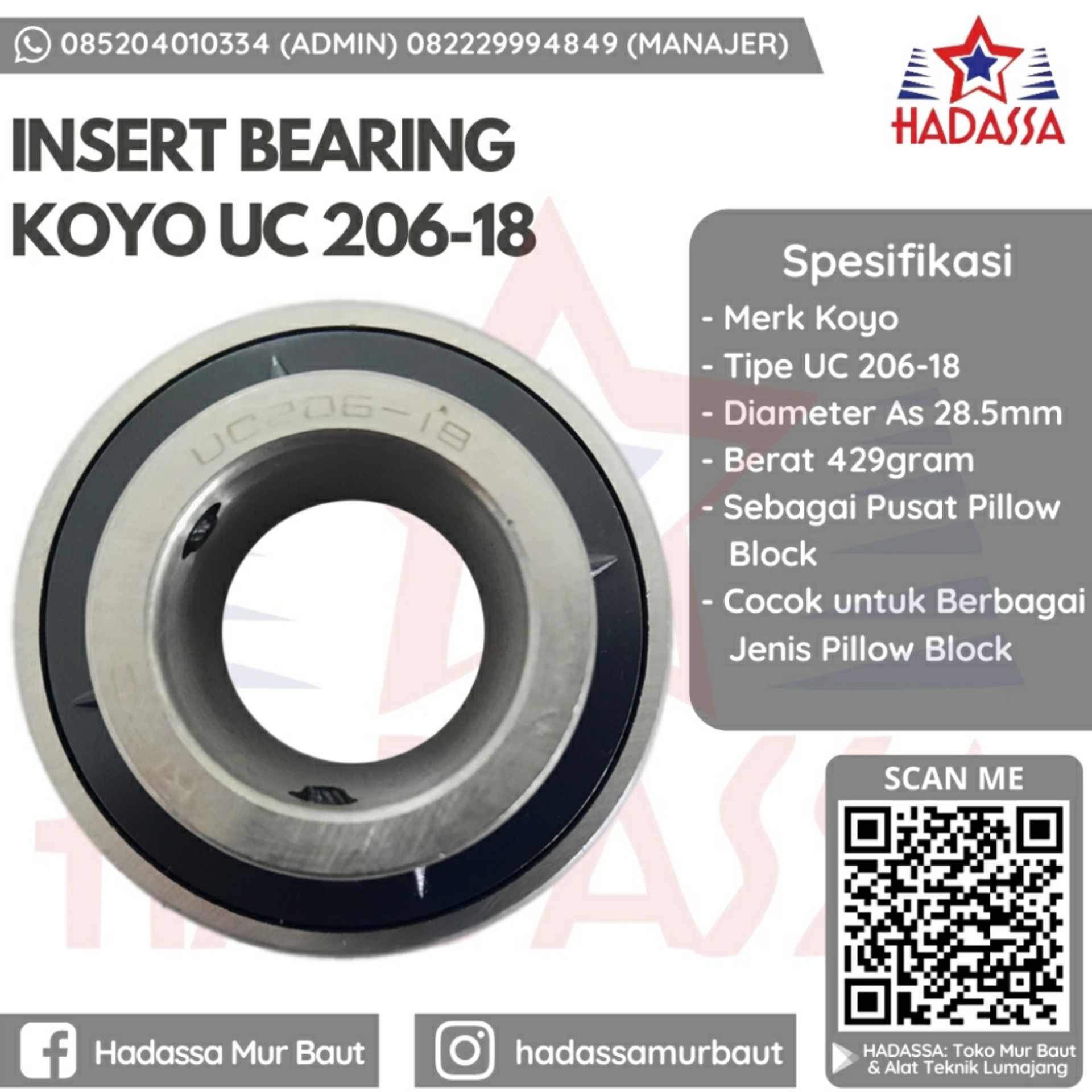 Insert Bearing Koyo UC 206-18