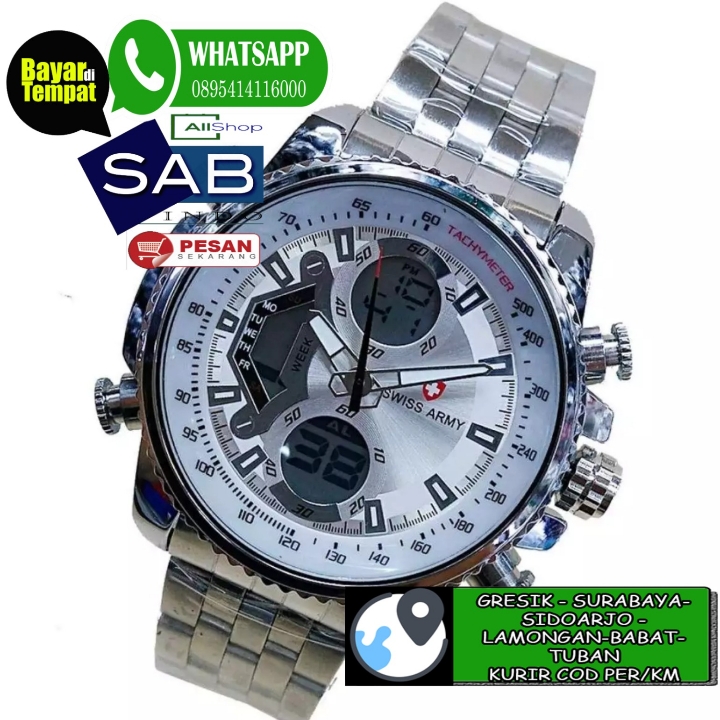 JAM TANGAN ORIGINAL FASHION PRIA  SWISS ARMY DUAL TIME WATER RESIST