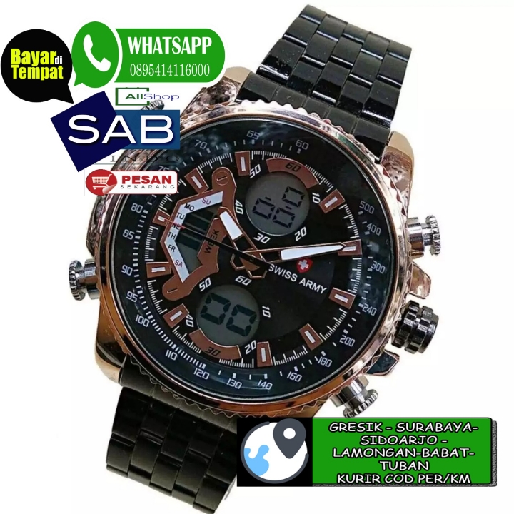 JAM TANGAN ORIGINAL FASHION PRIA  SWISS ARMY DUAL TIME WATER RESIST