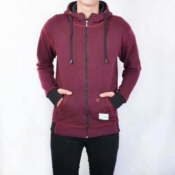 Jaket Zipper Full Maroon Rib Black