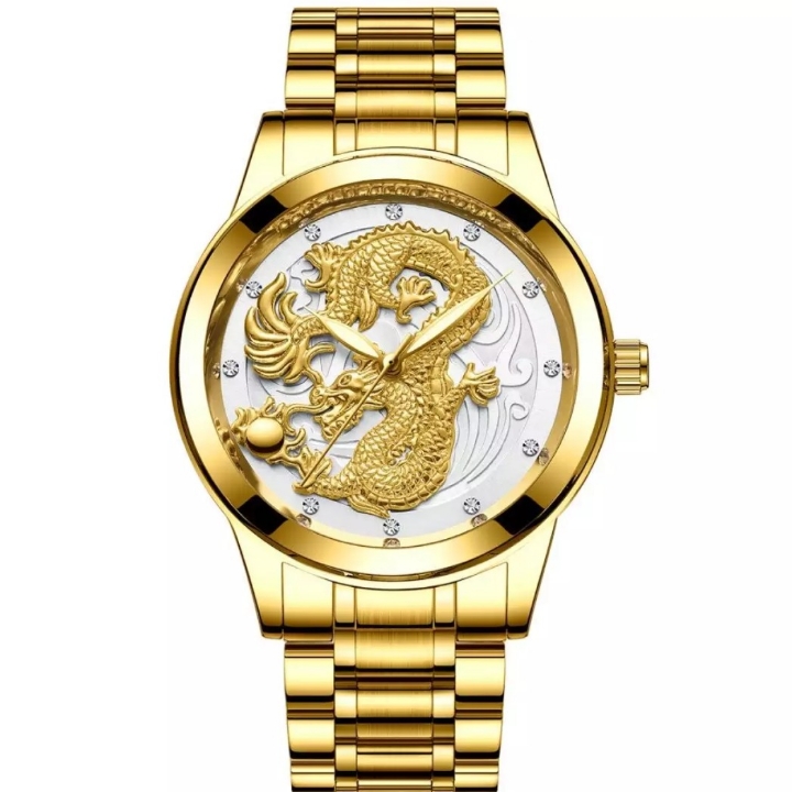 Jam Tangan Pria Dragon 3d White- Gold