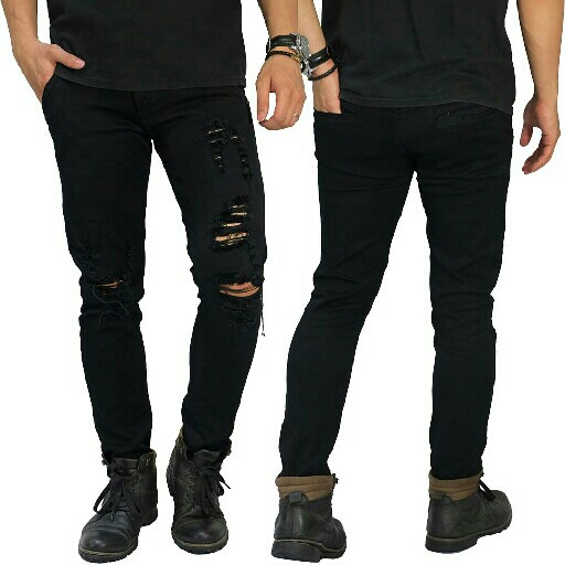 Jeans Ripped Distressed Left Side Black