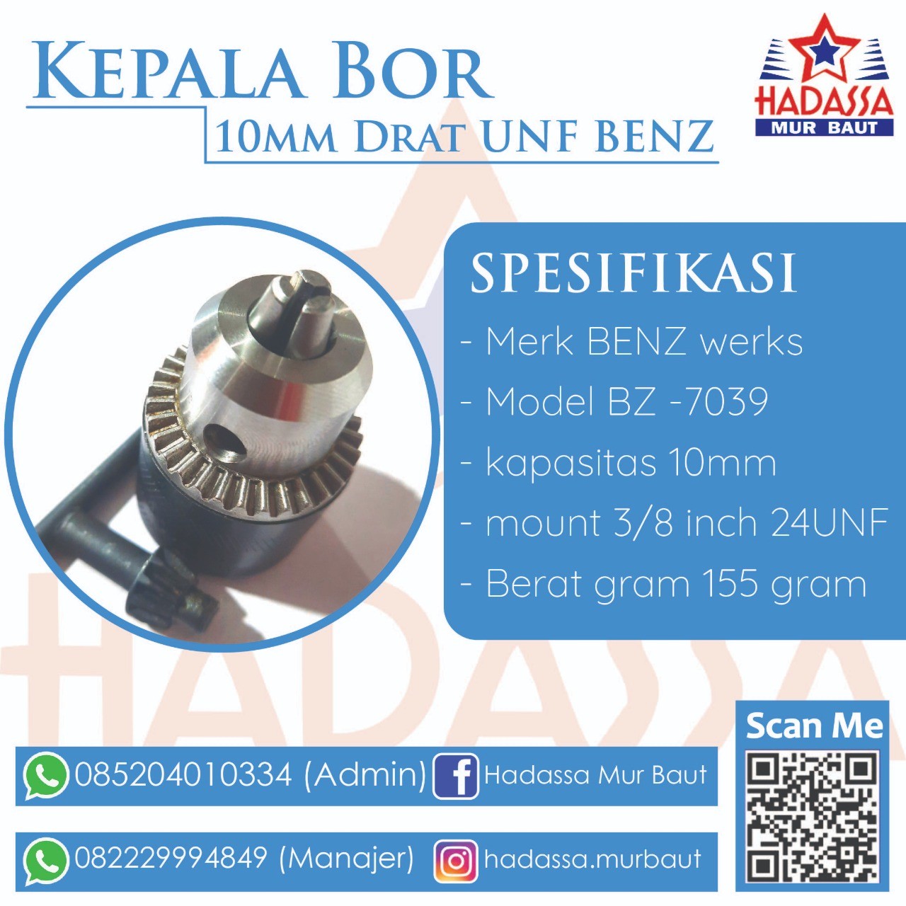 Kepala Bor 10mm Drat UNF BENZ