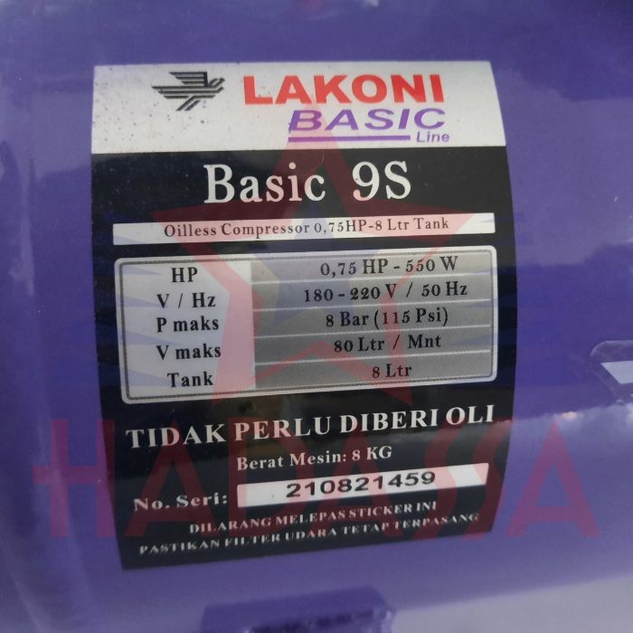 Kompresor Oilless 8L Lakoni Basic 9S 5