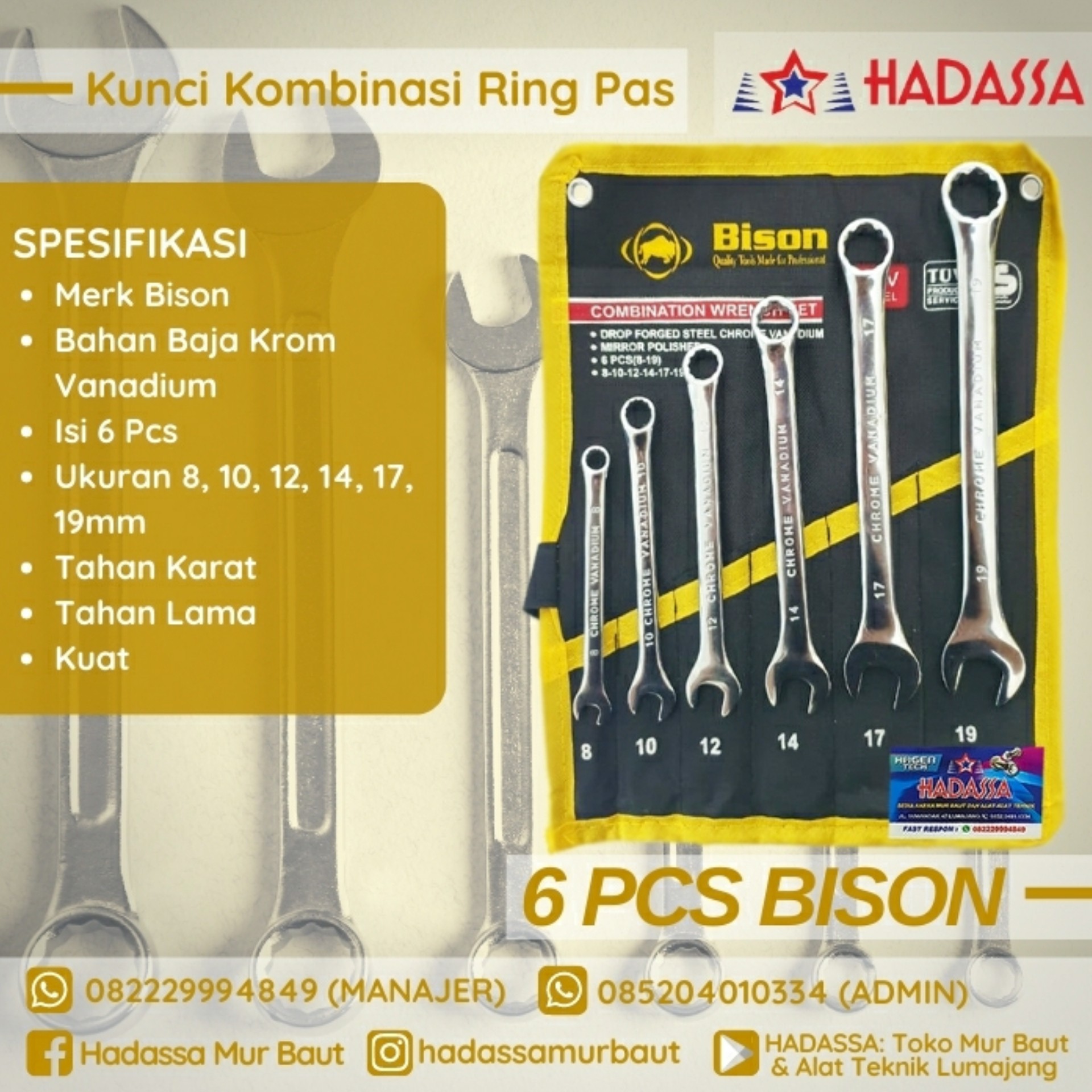 Kunci Kombinasi Ring Pas 6 Pcs Bison