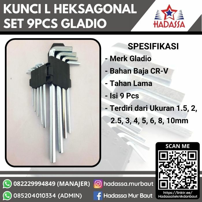 Kunci L Heksagonal Set 9 Pcs Gladio