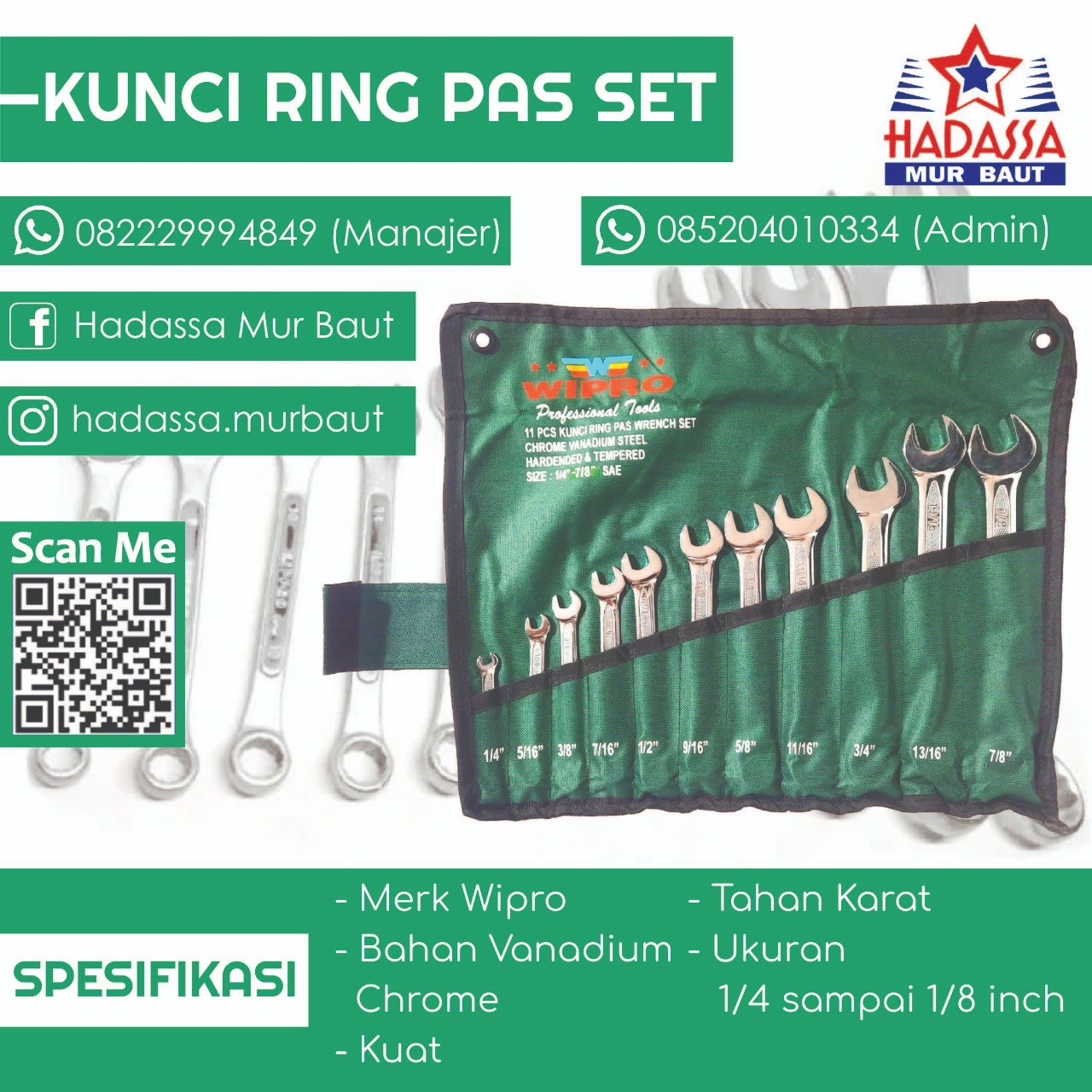 Kunci Ring Pas set 11 pcs 14-18 inch Wipro