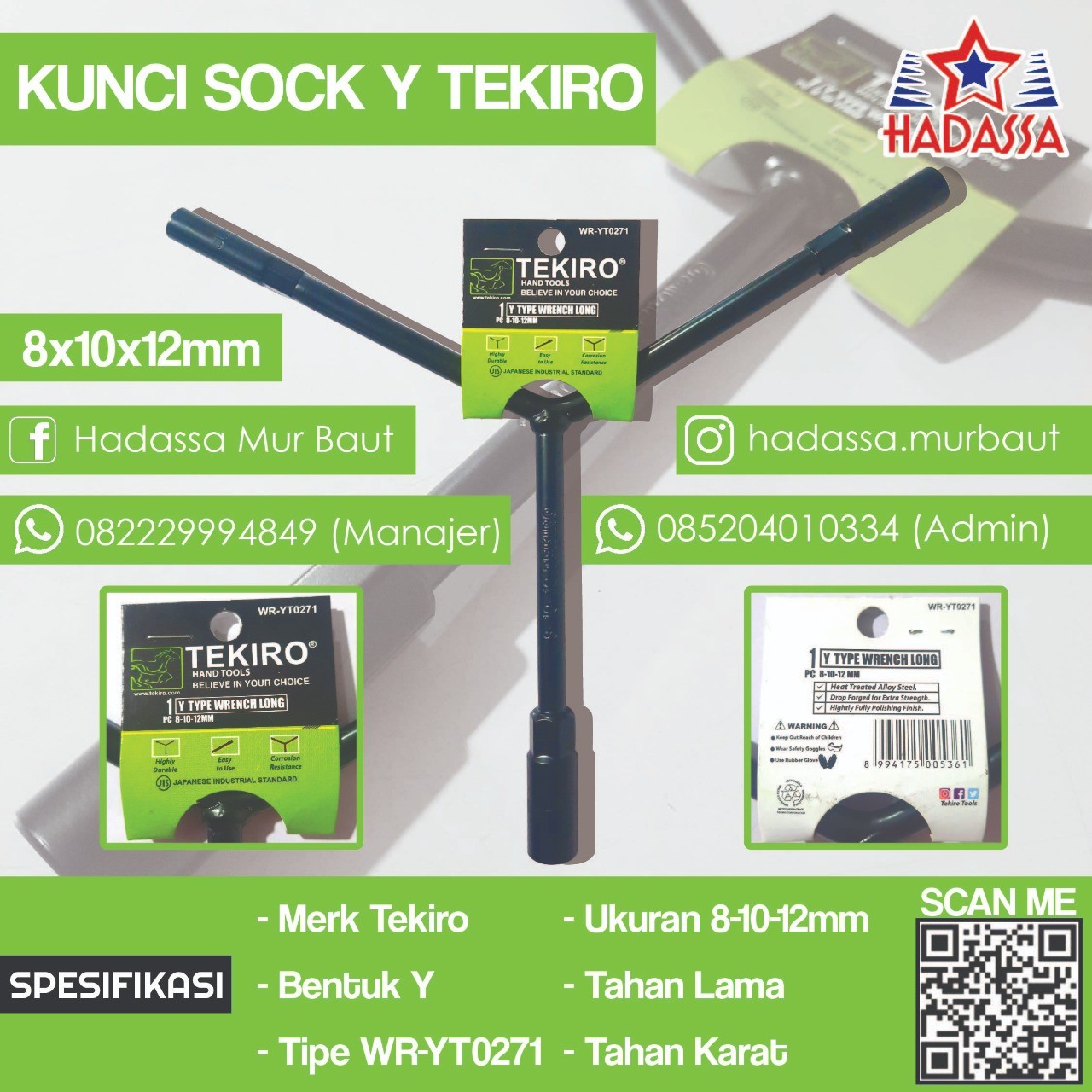 Kunci Sock Y Pendek 8x10x12mm Tekiro