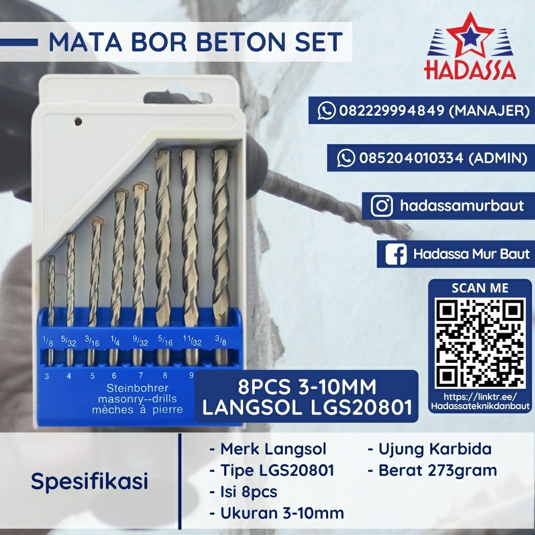 Mata Bor Beton Set 8pcs 3-10mm Langsol LGS20801