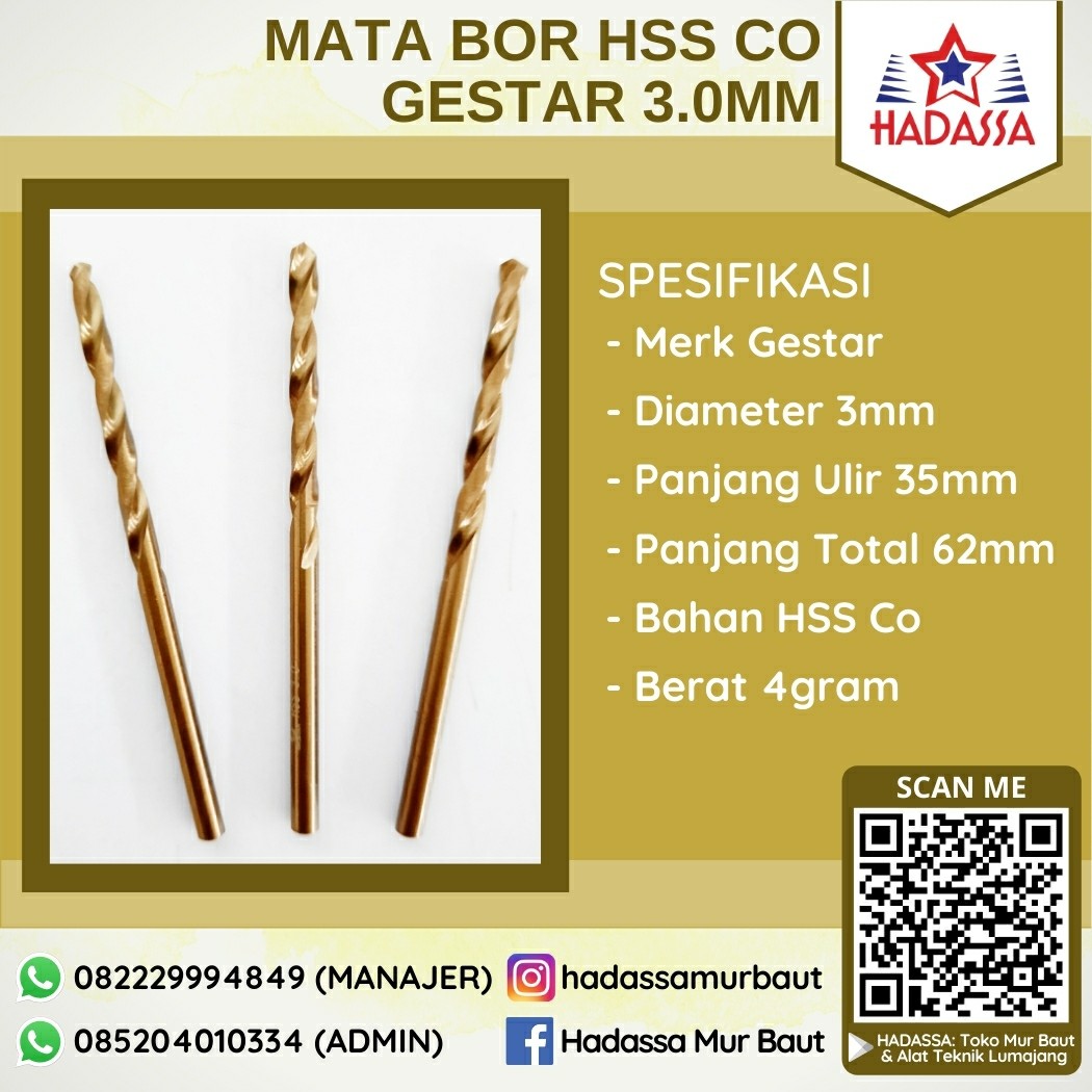 Mata Bor HSS Co Gestar 3mm