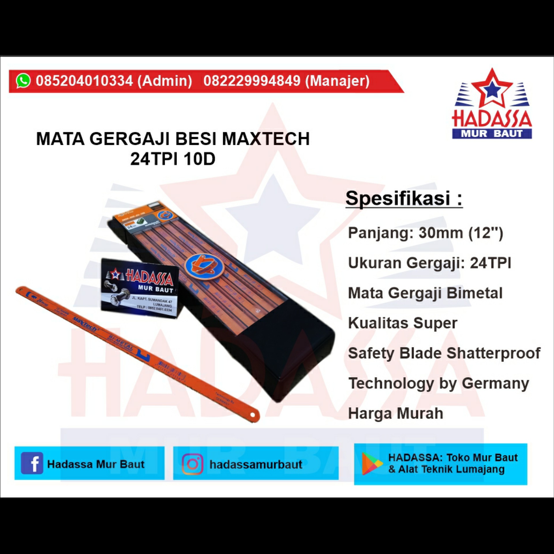 Mata Gergaji Besi Maxtech 24TPI 10D