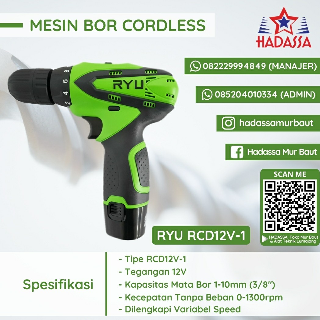 Mesin Bor Cordless Ryu RCD12V-1