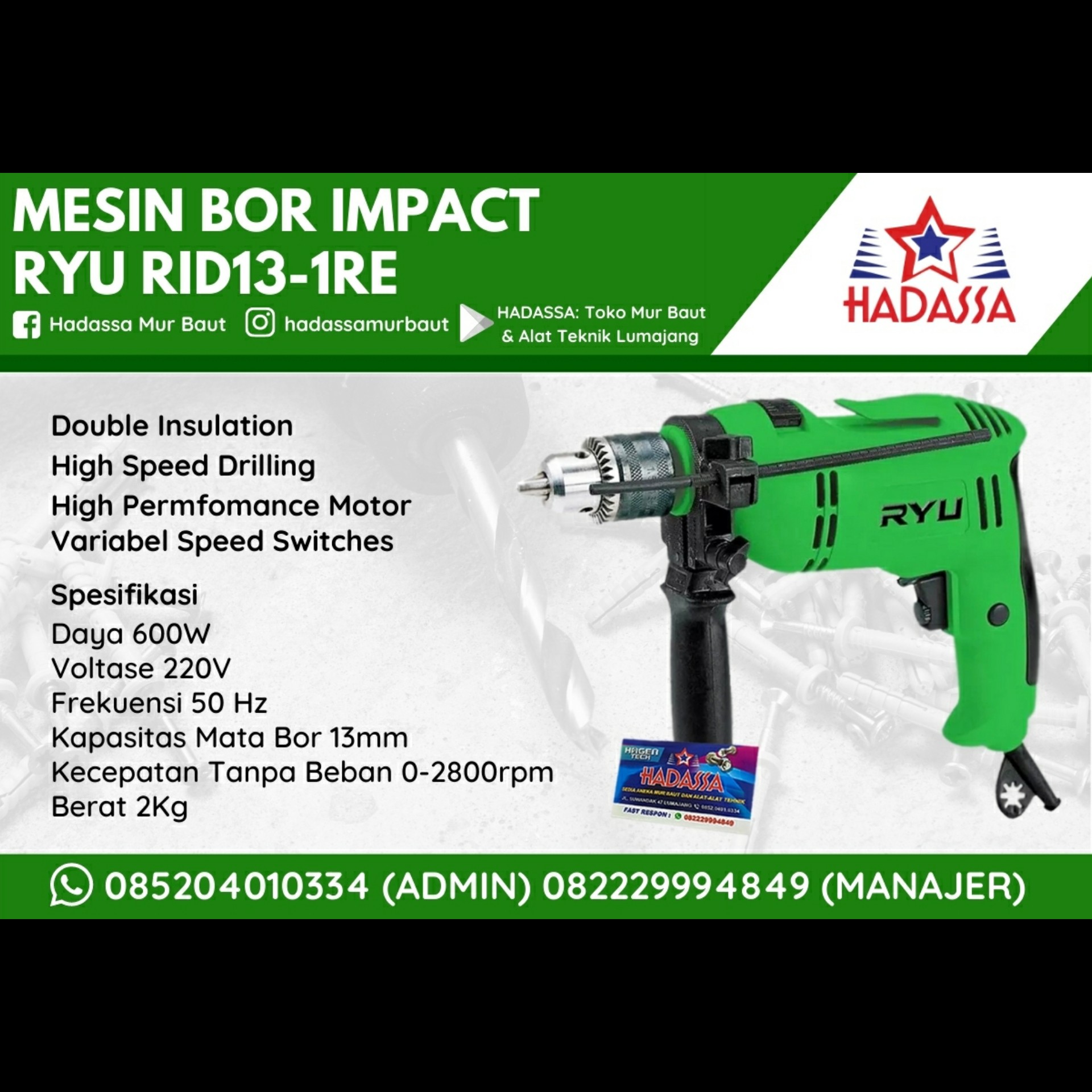 Mesin Bor Impact Ryu RID13-1RE